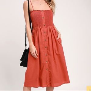 Lulu's Terra Cotta Smocked Button-Front Midi Dress